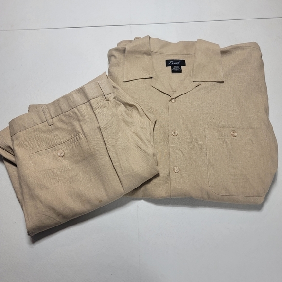 Trust 3X Tan Beige Linen Blend Short Sleeve Button Up Pocket Shirt & 44/30 pants - Picture 1 of 11